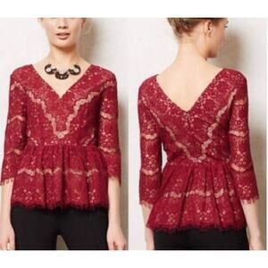Anthropologie Maeve Womens Burgundy Lace Blouse Double V-Neck Size Small